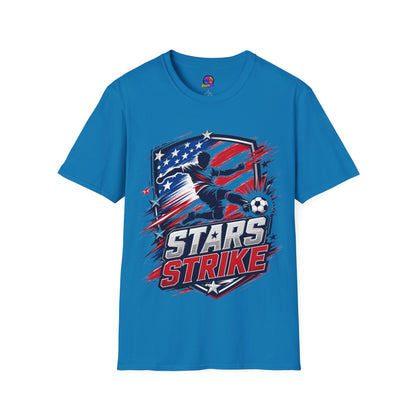 USA Soccer Stars Strike T‑Shirt — American Flag Soccer Player Graphic