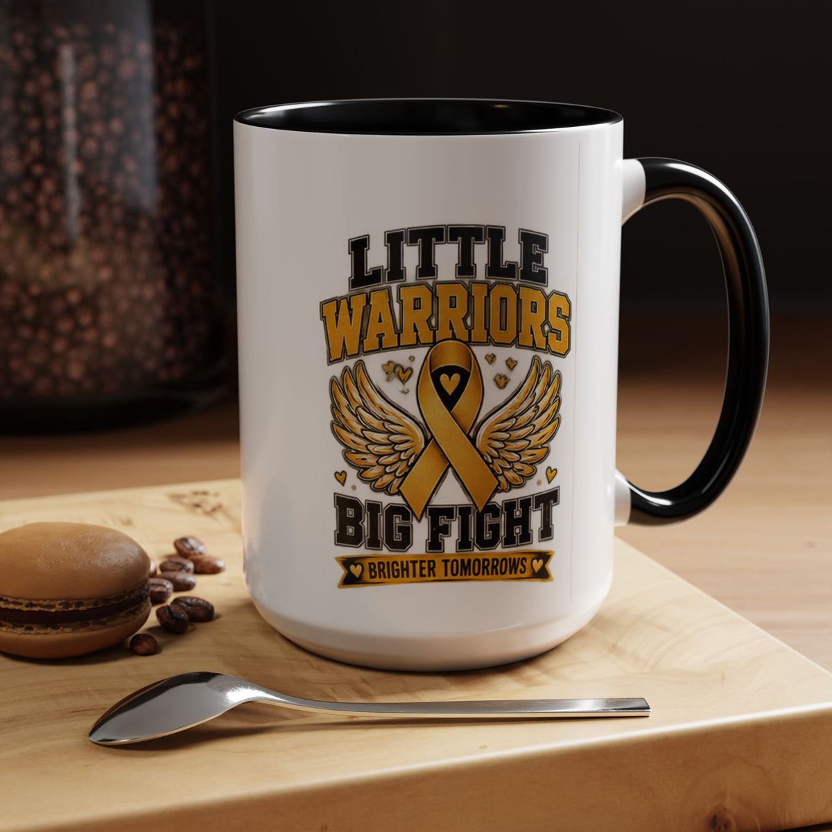 Little Warriors Big Fight Childhood Cancer Awareness Coffee Mug — Gold Ribbon Support Accent Mug