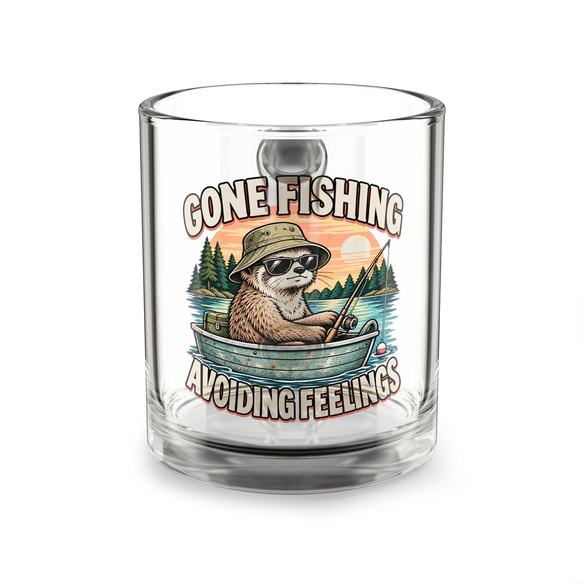 Gone Fishing Avoiding Feelings Glass Mug — Funny Glass Mug 10oz Funny Sloth Fishing Coffee Cup