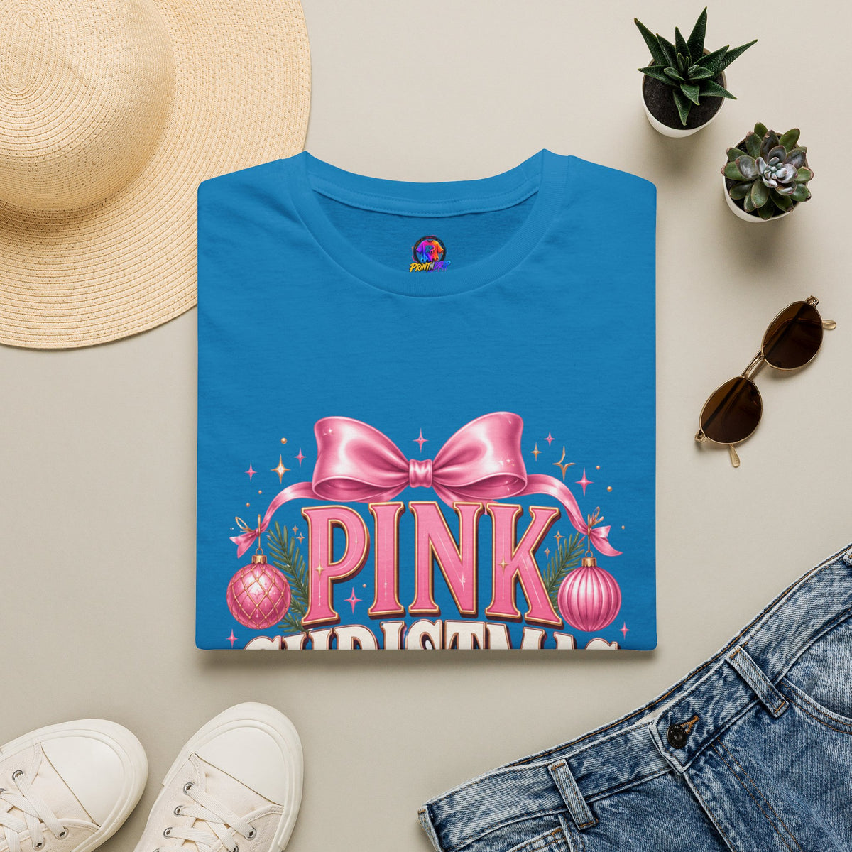 Pink Christmas Club T-Shirt — Womens Festive Holiday Tee with Bow & Ornaments