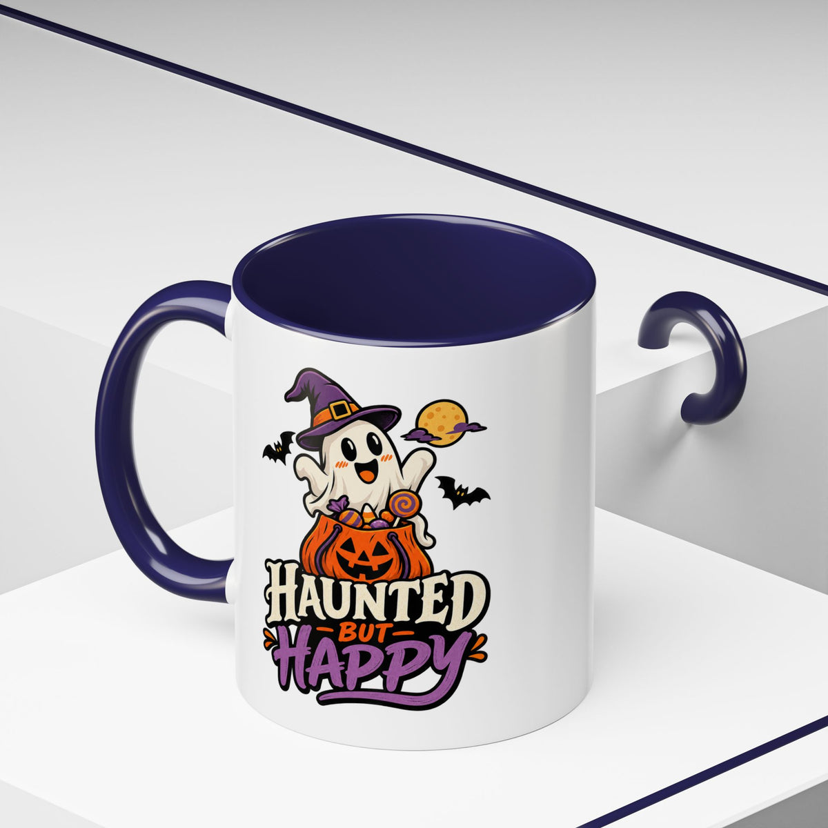 Haunted But Happy Coffee Mug — Halloween Ghost Pumpkin Accent Mug (11/15oz)