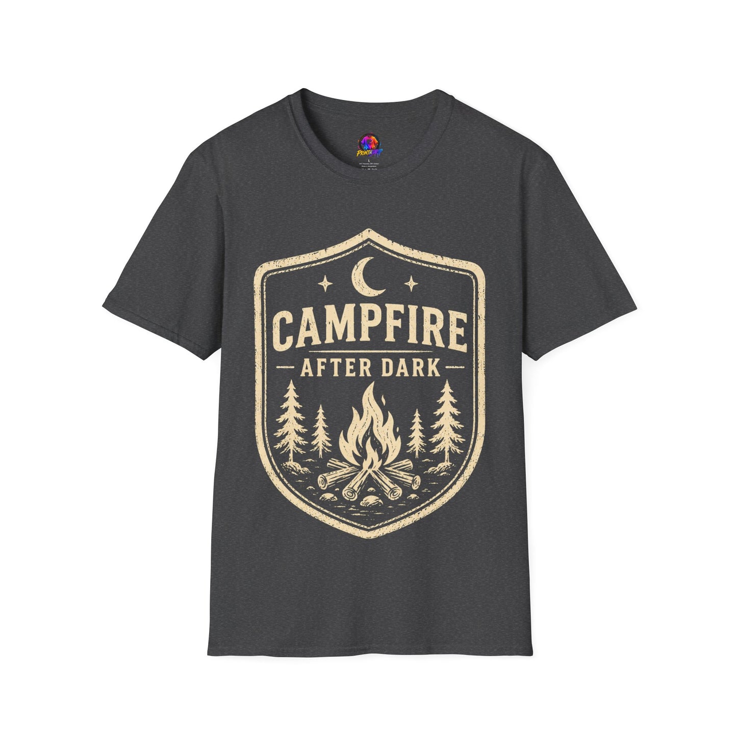 Campfire After Dark T-Shirt — Retro Camping Badge Tee for Outdoor Lovers