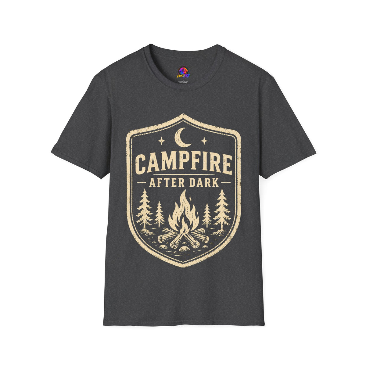 Campfire After Dark T-Shirt — Retro Camping Badge Tee for Outdoor Lovers