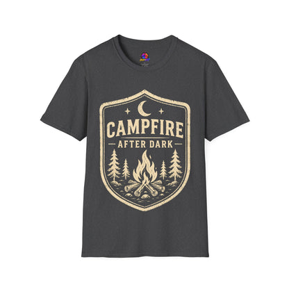 Campfire After Dark T-Shirt — Retro Camping Badge Tee for Outdoor Lovers