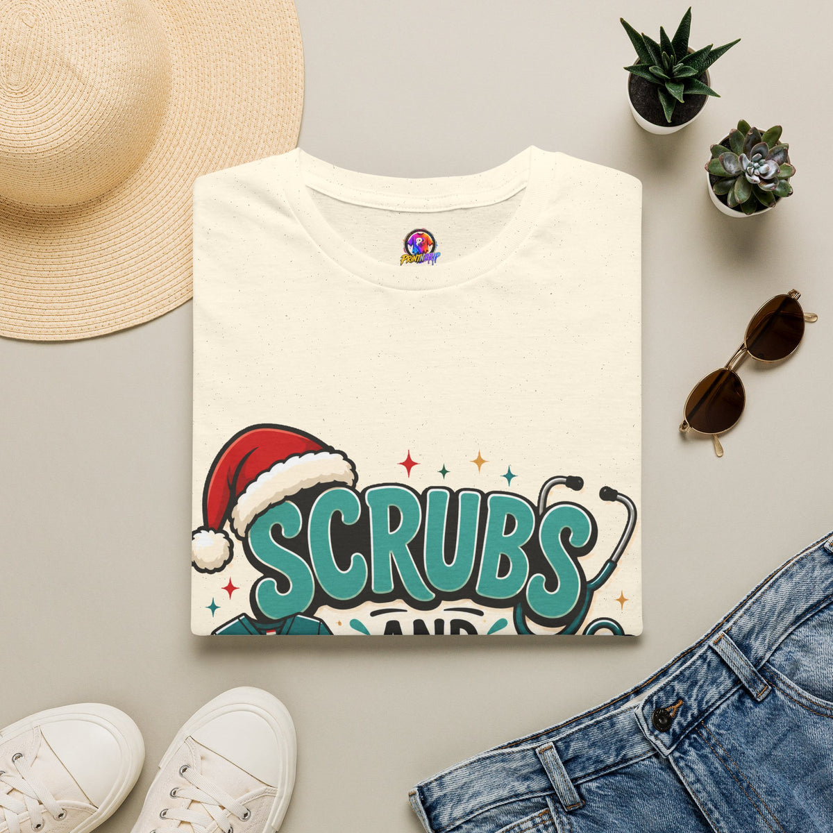 Scrubs and Santa Christmas T-Shirt — Cute Holiday Nurse Tee