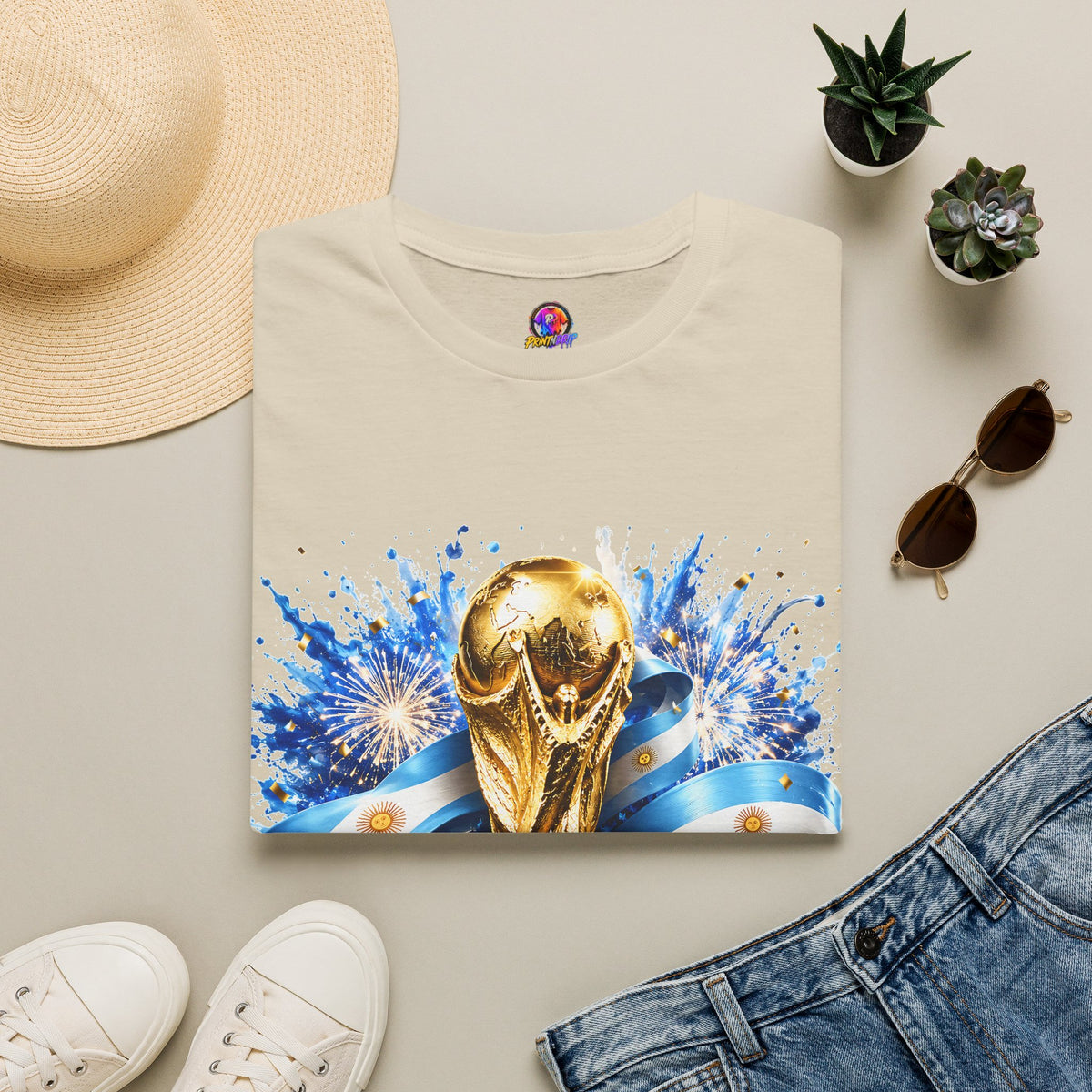 Argentina World Cup Champions T-Shirt — Gold Trophy Celebration Tee