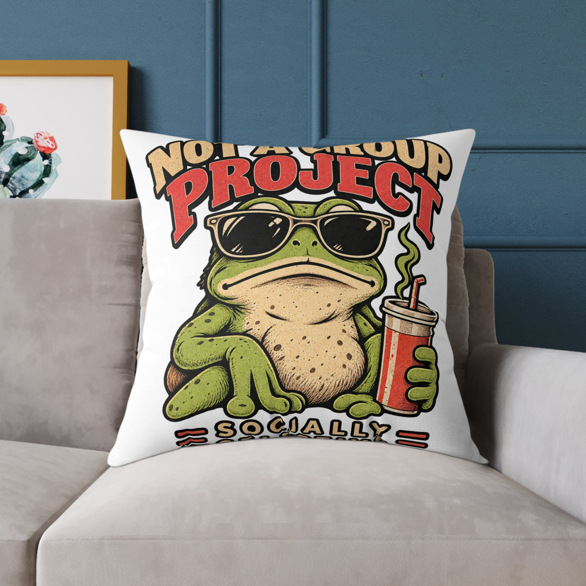 Not a Group Project Frog Pillow — Funny Introvert Decorative Throw Pillow