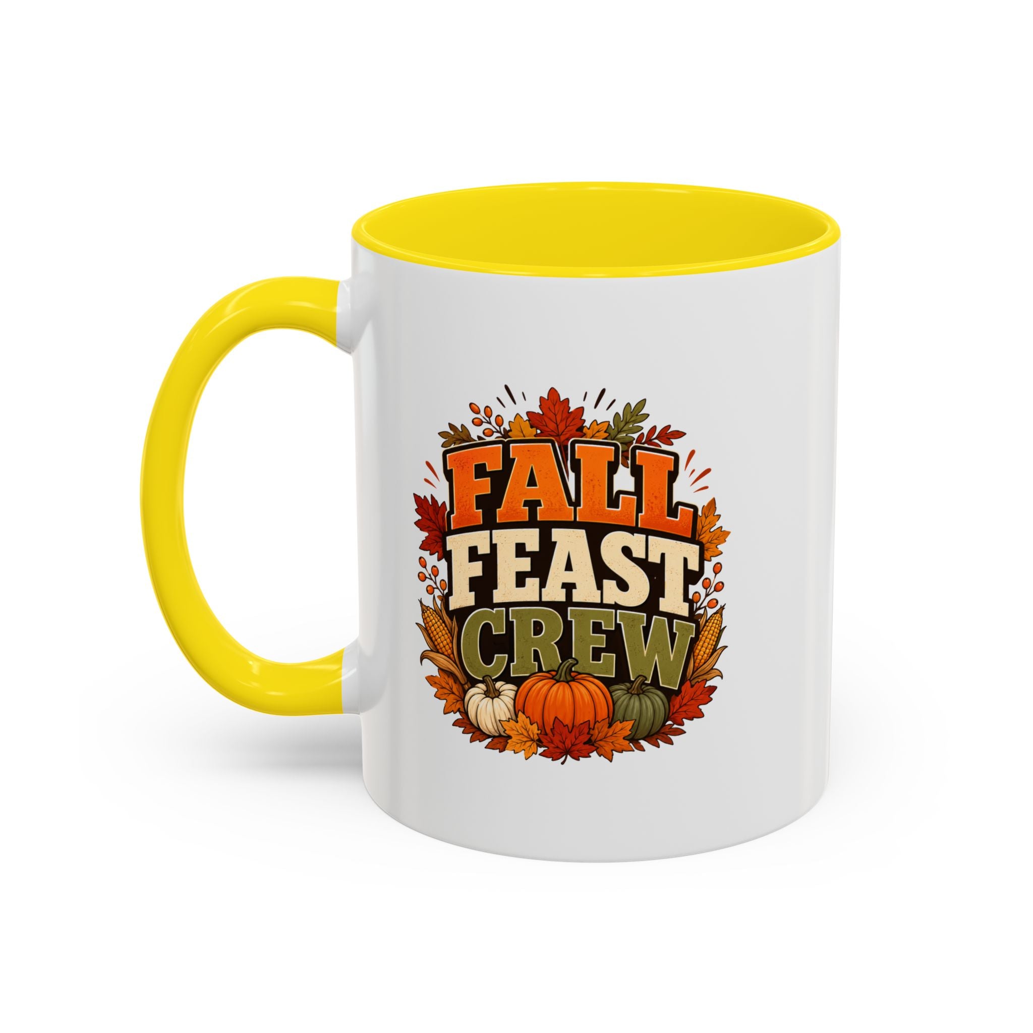 Thanksgiving Mug Fall Feast Crew Coffee Mug — Autumn Pumpkin & Leaves Accent Mug