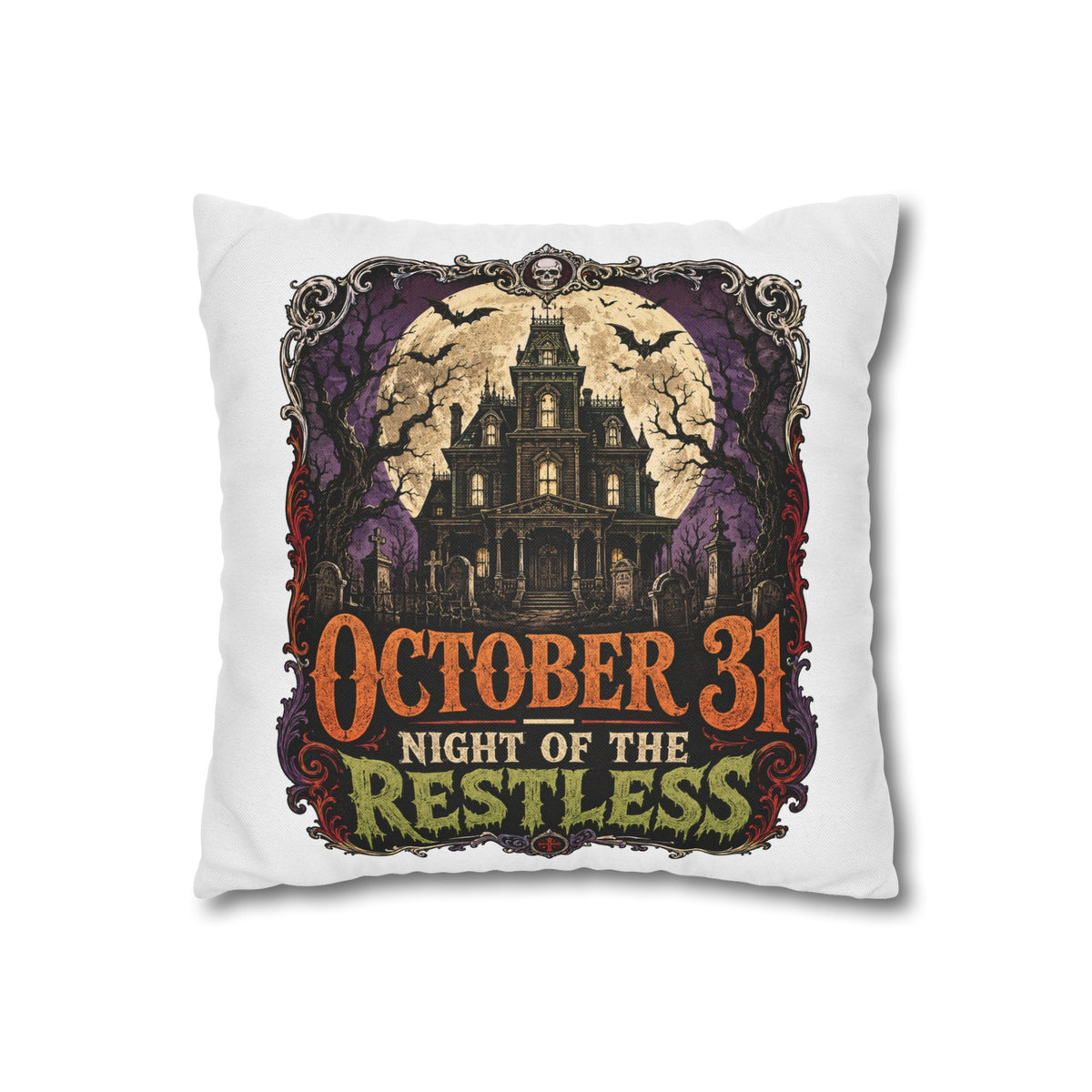 Halloween Pillowcase — "October 31 Night of the Restless" Haunted House Throw Pillow
