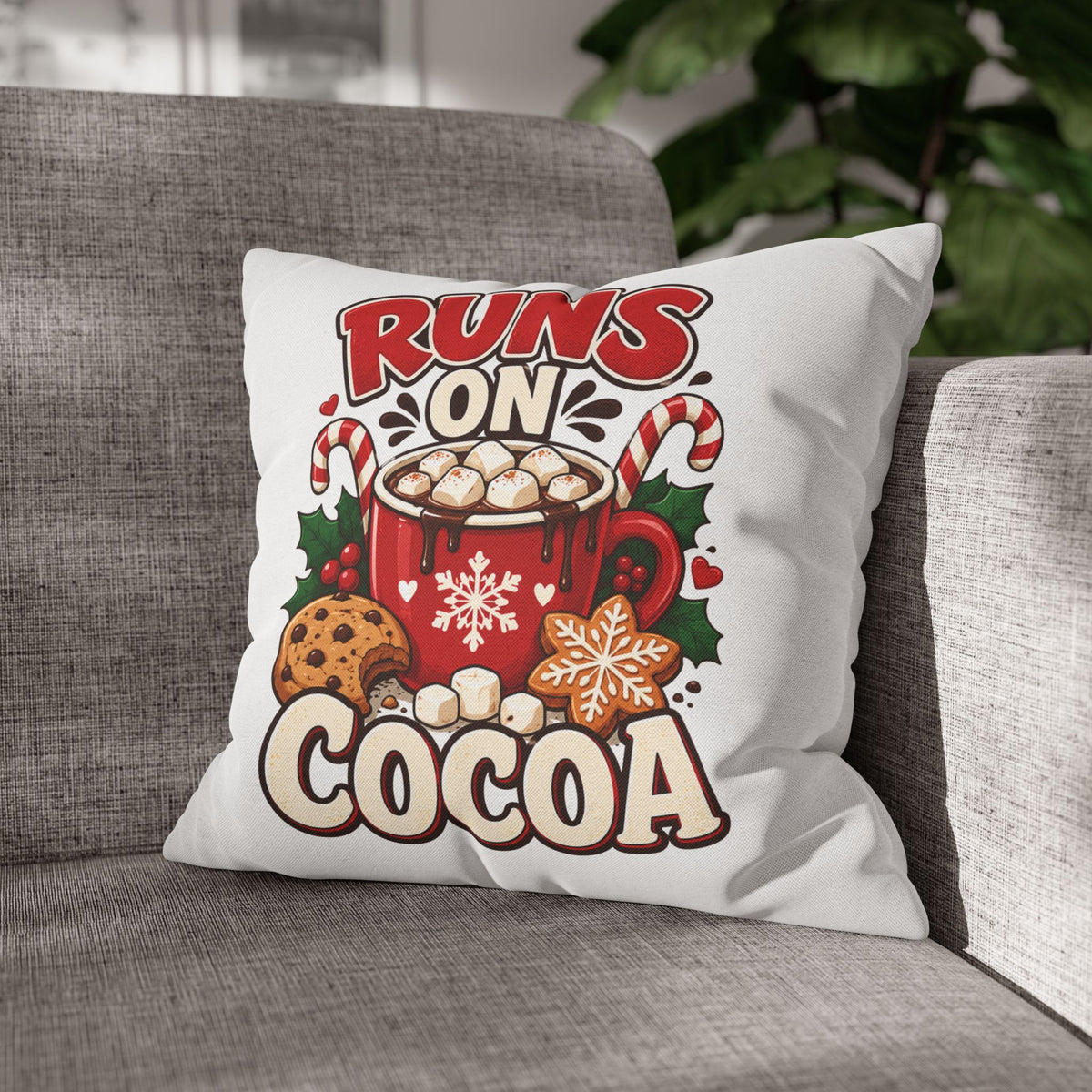 Christmas Runs on Cocoa Decorative Pillowcase — Hot Chocolate Holiday Throw Pillow