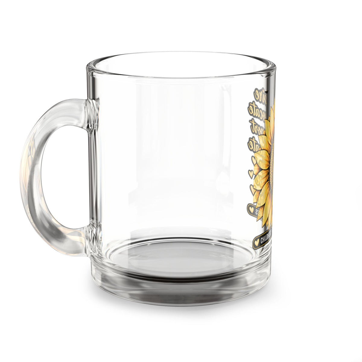 Childhood Cancer Awareness Glass Mug — Sunflower Ribbon "Inspire Advocate Support Educate Love Hope Cure" 10oz