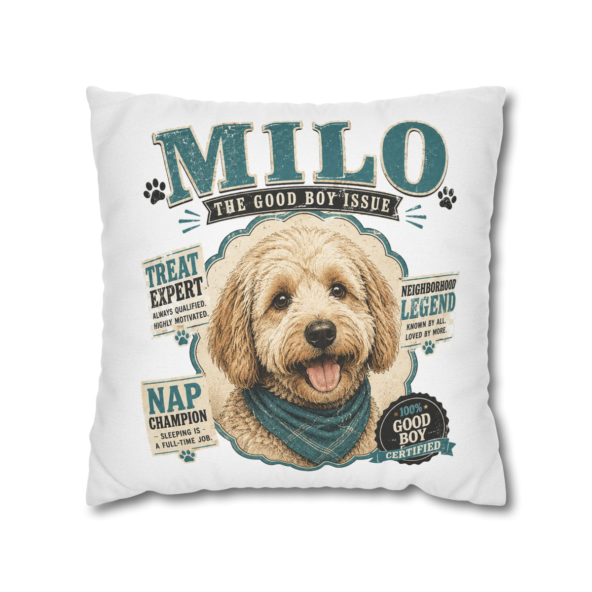 Milo 'The Good Boy Issue' Decorative Dog Pillowcase — Personalized Pet Name Cushion Cover Milo Bailey Dog Dad Mom