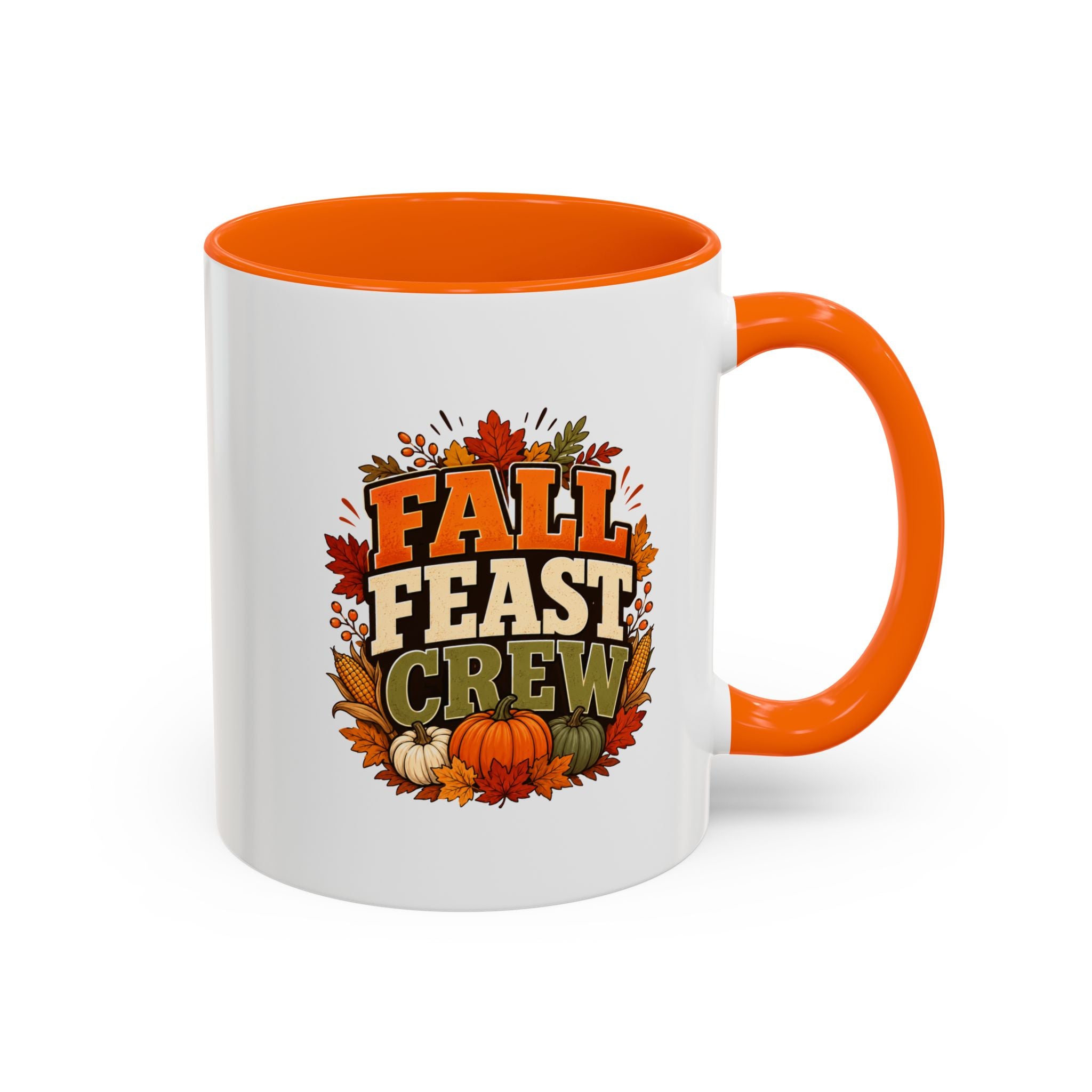 Thanksgiving Mug Fall Feast Crew Coffee Mug — Autumn Pumpkin & Leaves Accent Mug