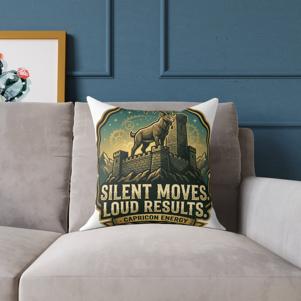 Capricorn Pillow — "Silent Moves, Loud Results" Square Throw Pillow
