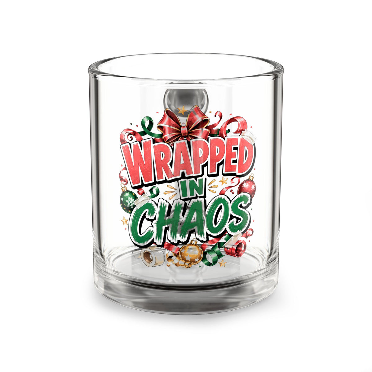 Christmas Glass Mug 10 oz Wrapped in Chaos Glass Mug — Funny Christmas Holiday Coffee Cup (10oz)