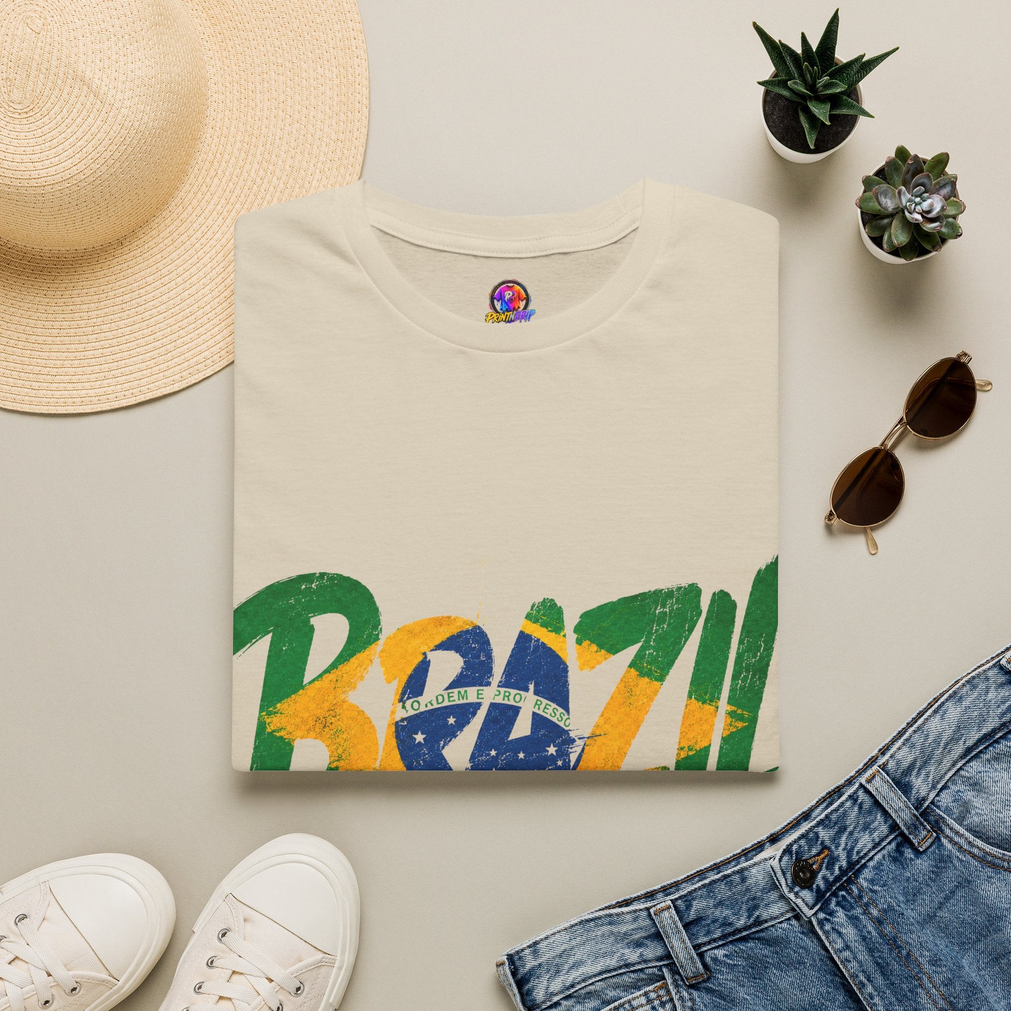 Brazil Flag Graphic T-Shirt — Bold Brazil Script with National Flag Motif