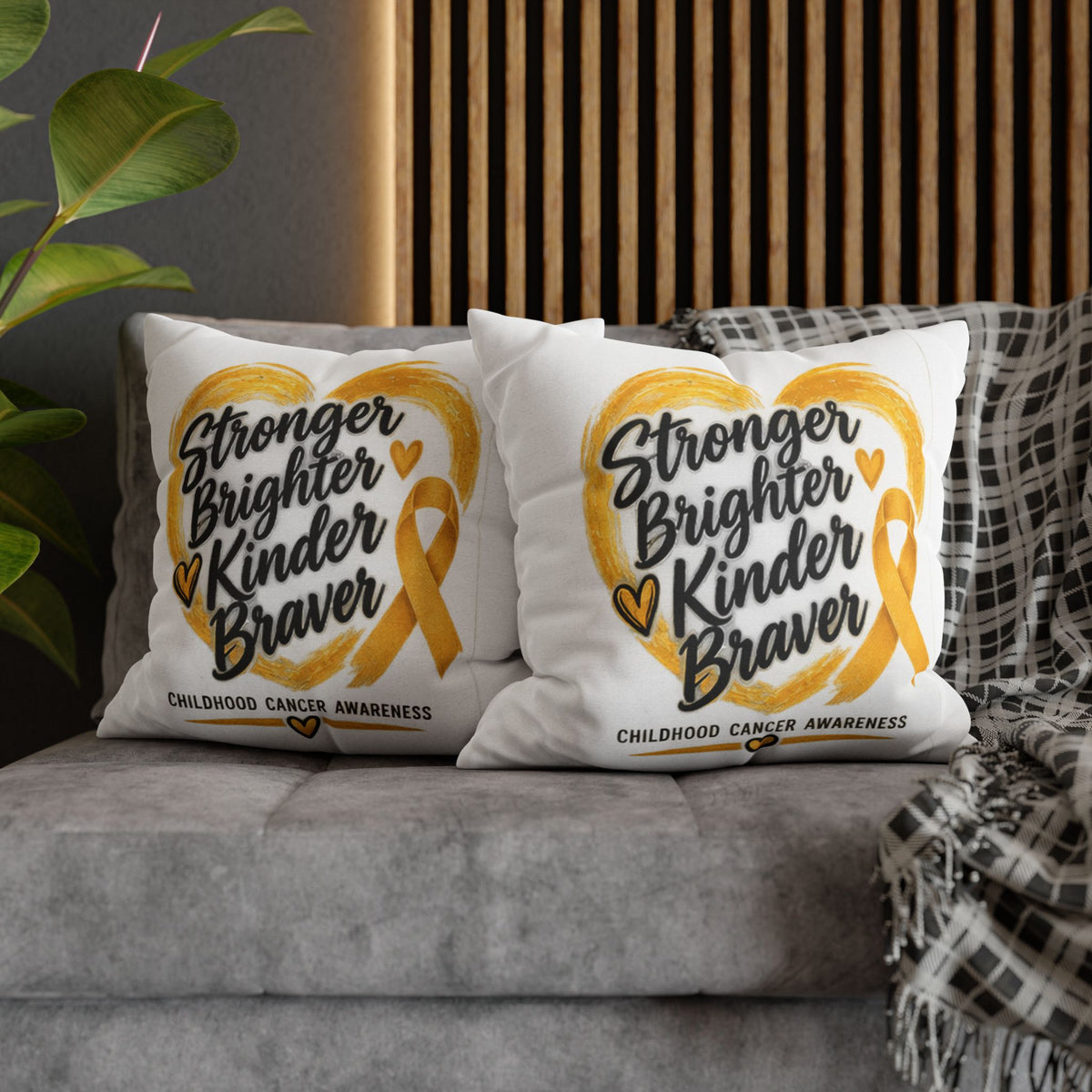 Childhood Cancer Awareness Pillowcase — "Stronger Brighter Kinder Braver" Gold Ribbon