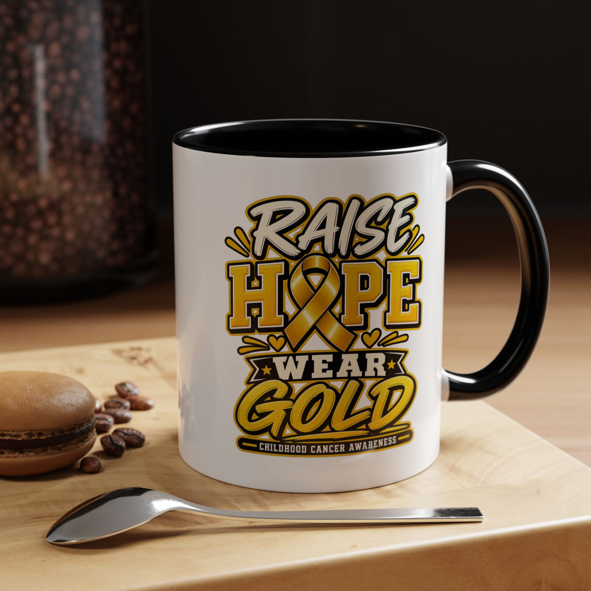 Raise Hope Wear Gold Cancer Awareness Coffee Mug (Accent, 11/15oz)