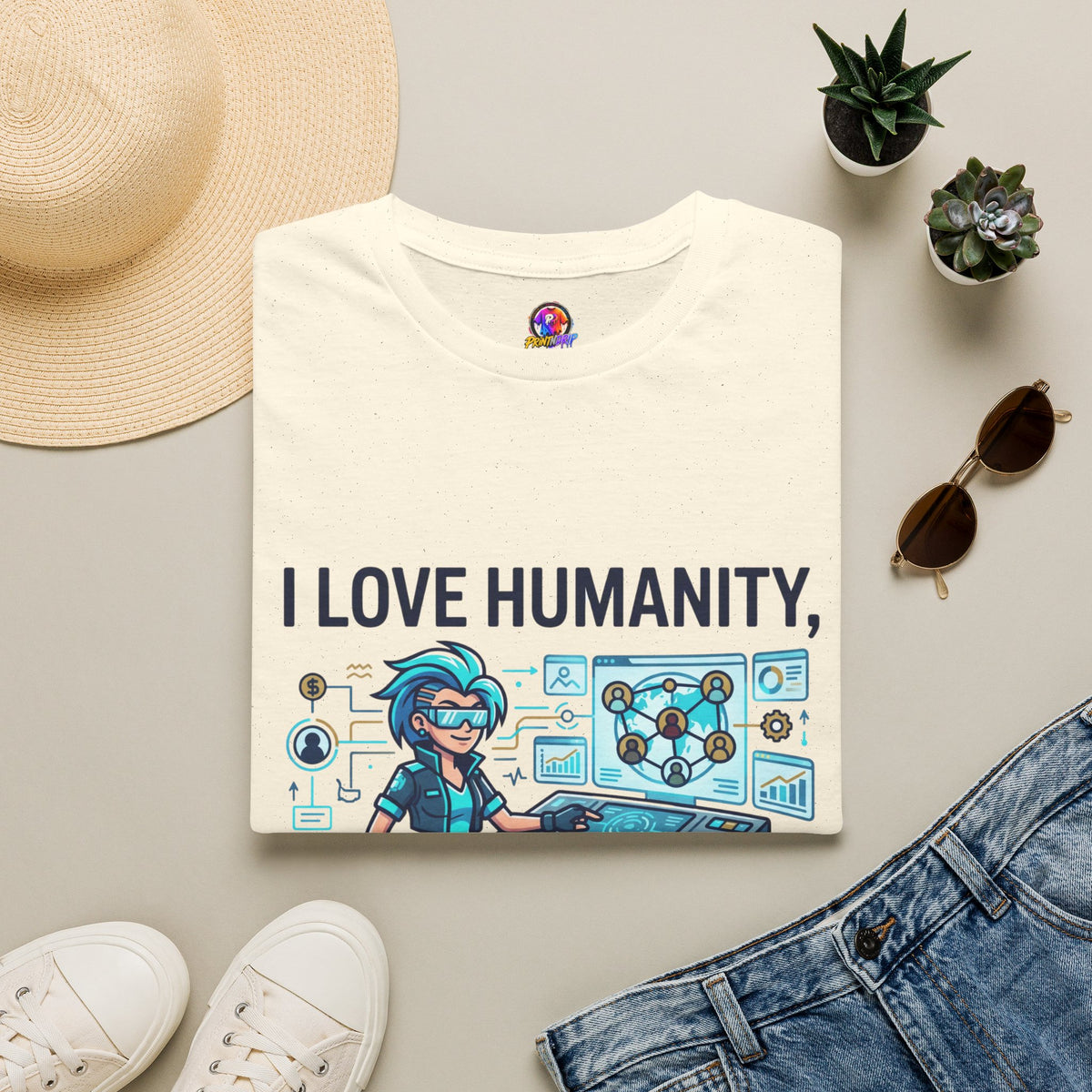 I Love Humanity, But Humans Are Exhausting - Funny Sci‑Fi T‑Shirt