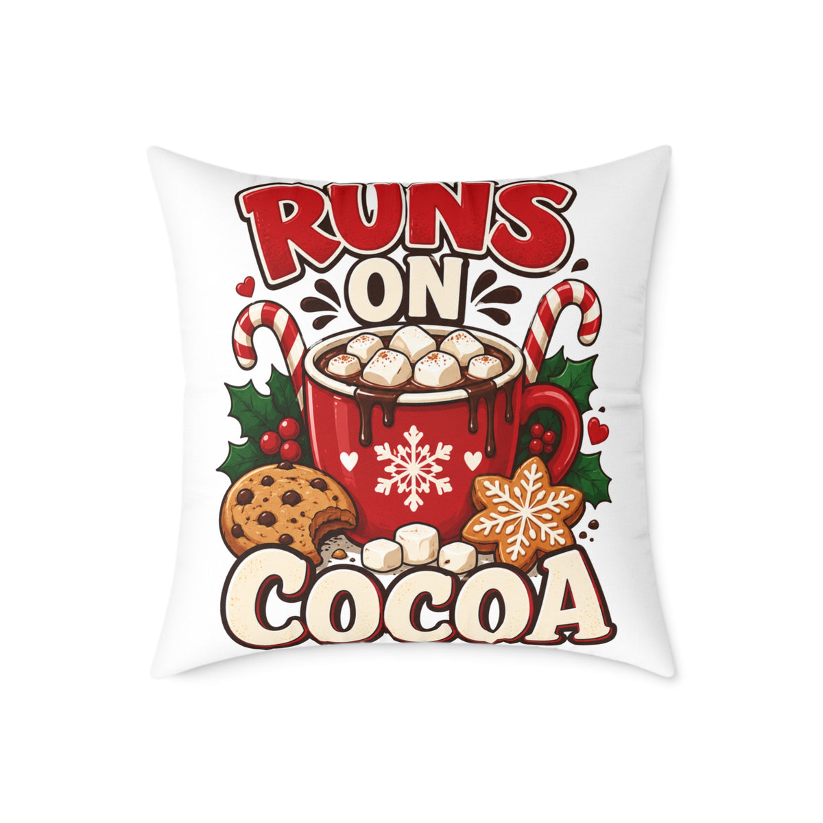 Christmas Square Pillow - "Runs on Cocoa" Holiday Hot Chocolate Decorative Throw Pillow