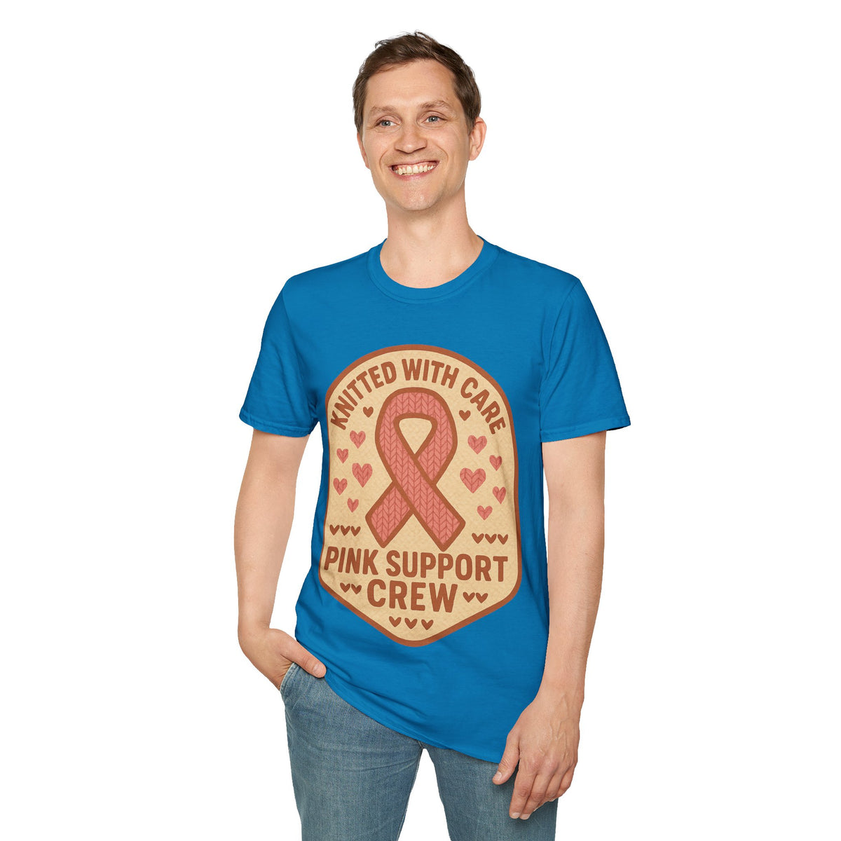 Pink Support Crew Knitted With Care Shield Badge T-Shirt, Breast Cancer Awareness Tee - Trending Now - September 2026