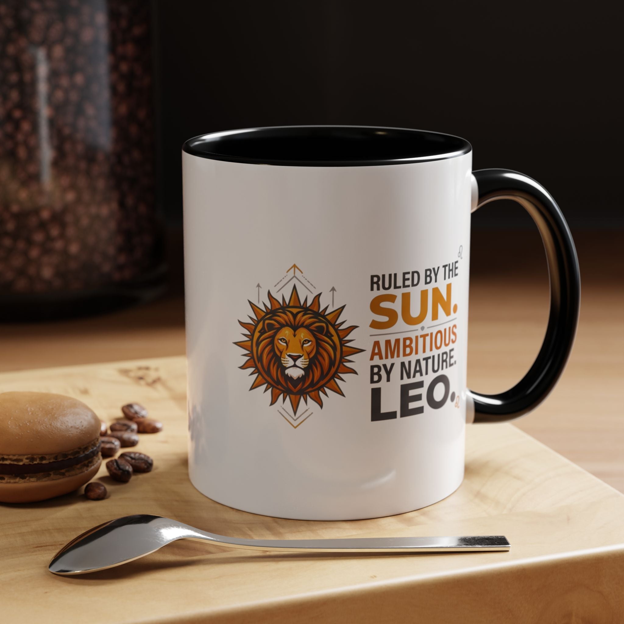 Leo Zodiac Coffee Mug — "Ruled by the Sun. Ambitious by Nature. LEO." Accent Ceramic Mug