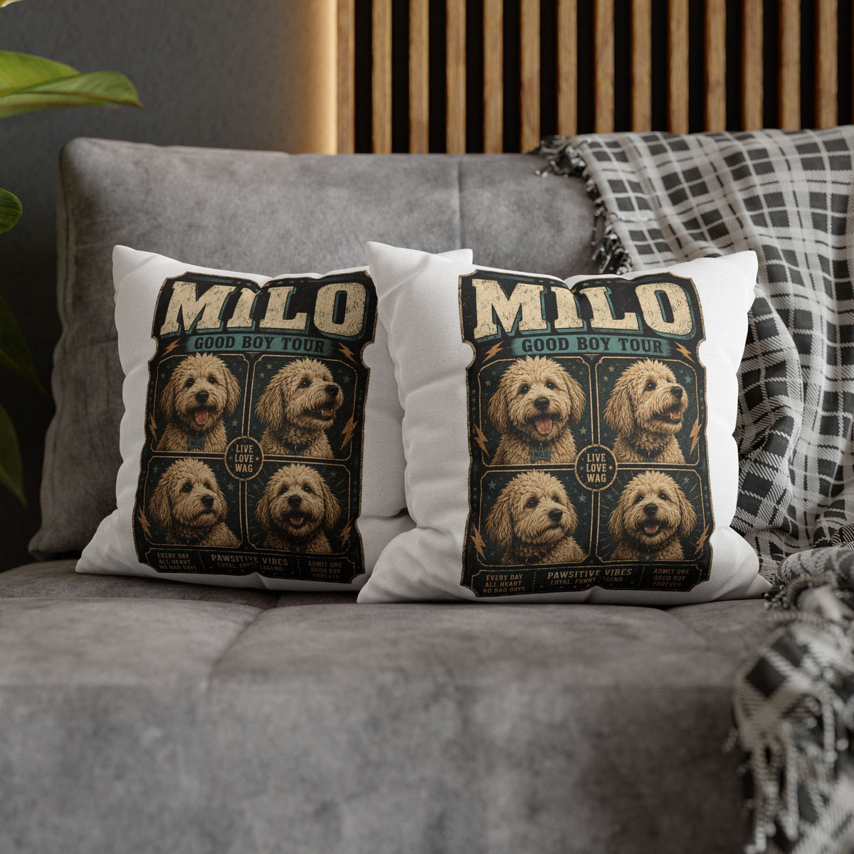 Milo "Good Boy Tour" Square Pillowcase — Cute Dog Portrait Decorative Pillowcase Milo Bailey Dog Dad Mom