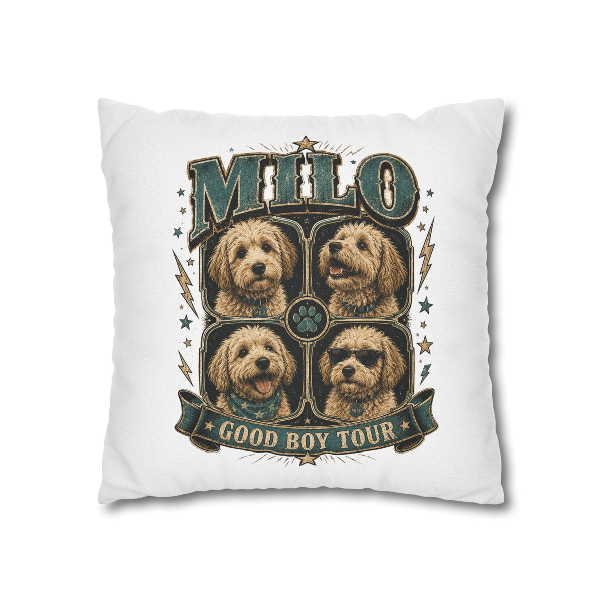 Milo "Good Boy Tour" Decorative Pillowcase — Dog Band Tour Poster Throw Pillowcase Milo Bailey Dog Dad Mom