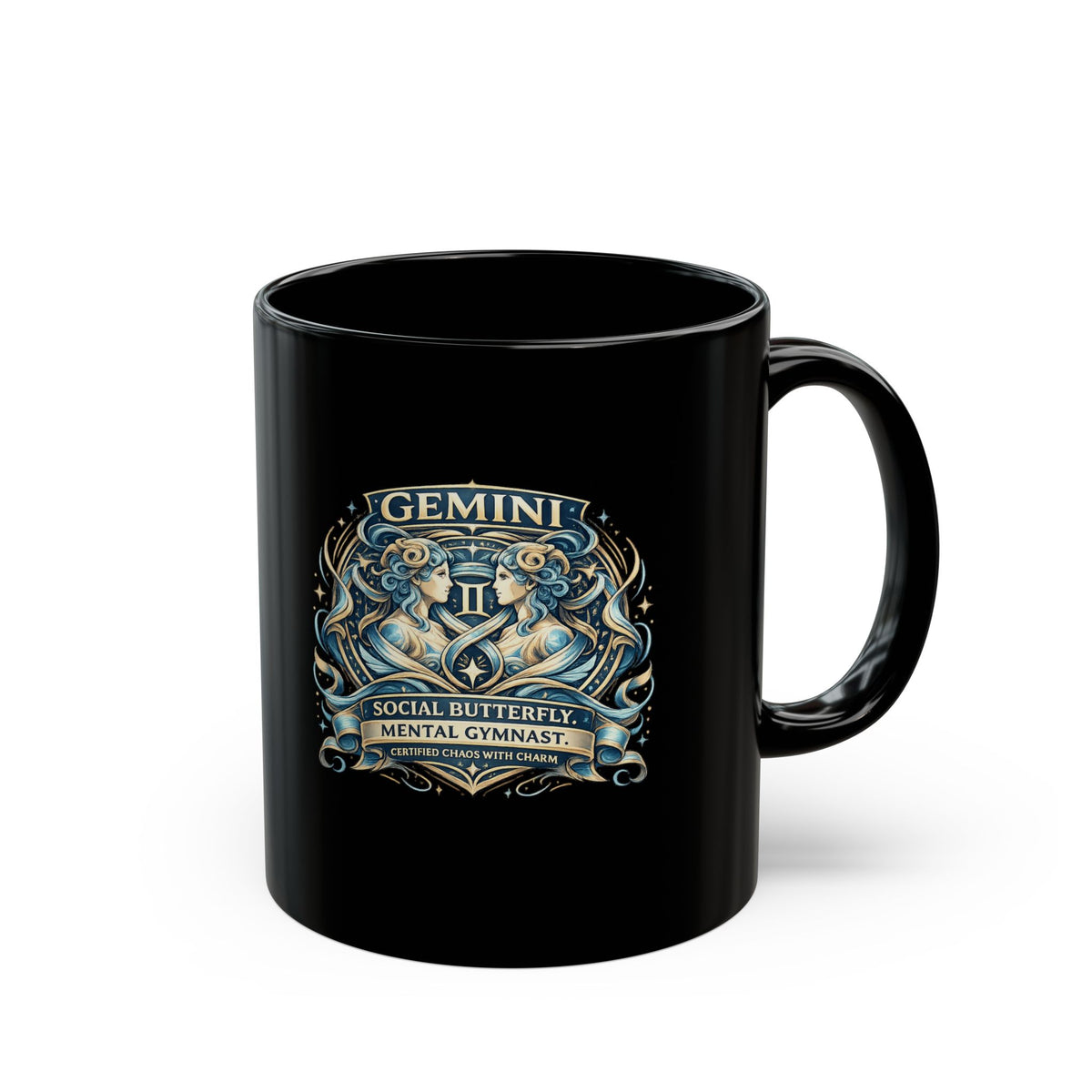 Gemini Zodiac Black Mug — 'Social Butterfly, Mental Gymnast' Astrology Coffee Cup