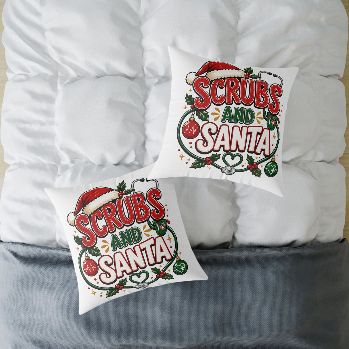 Christmas Square Pillow — Scrubs and Santa Christmas Cushion for Nurses