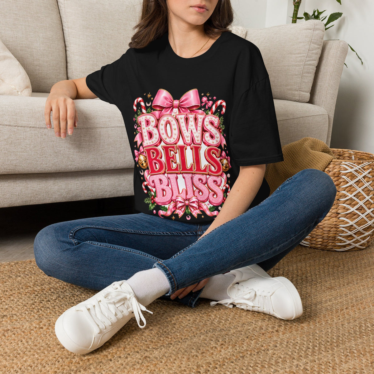 Bows Bells Bliss Christmas T‑Shirt — Pink Holiday Bow Graphic