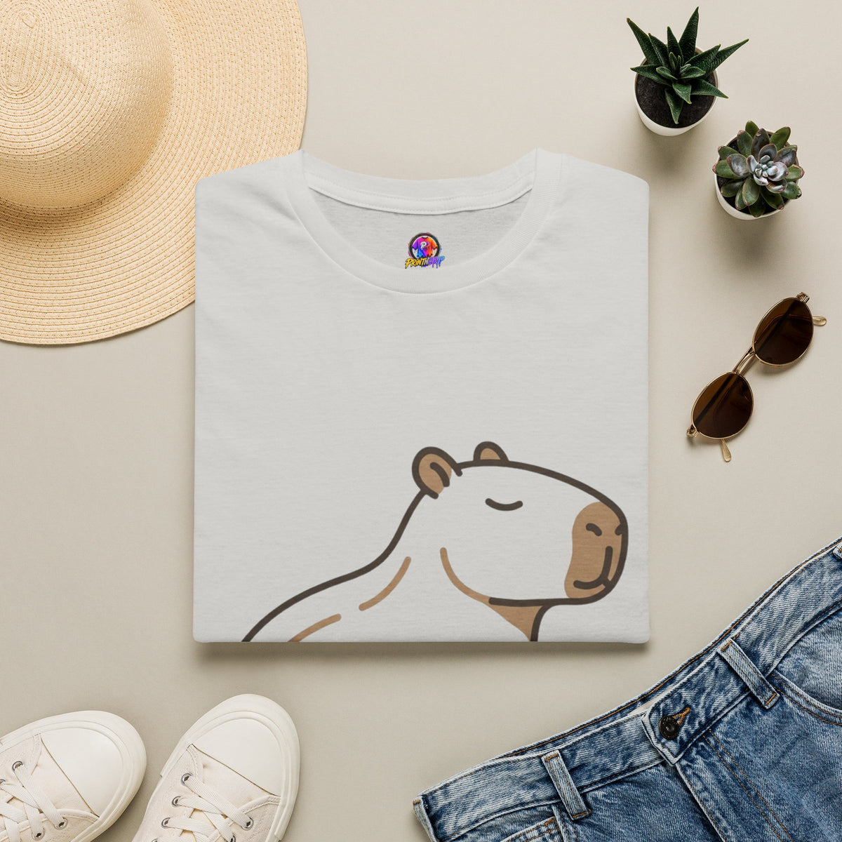 Cute Relaxed Capybara T-Shirt — Minimal Cartoon Capybara Graphic Tee