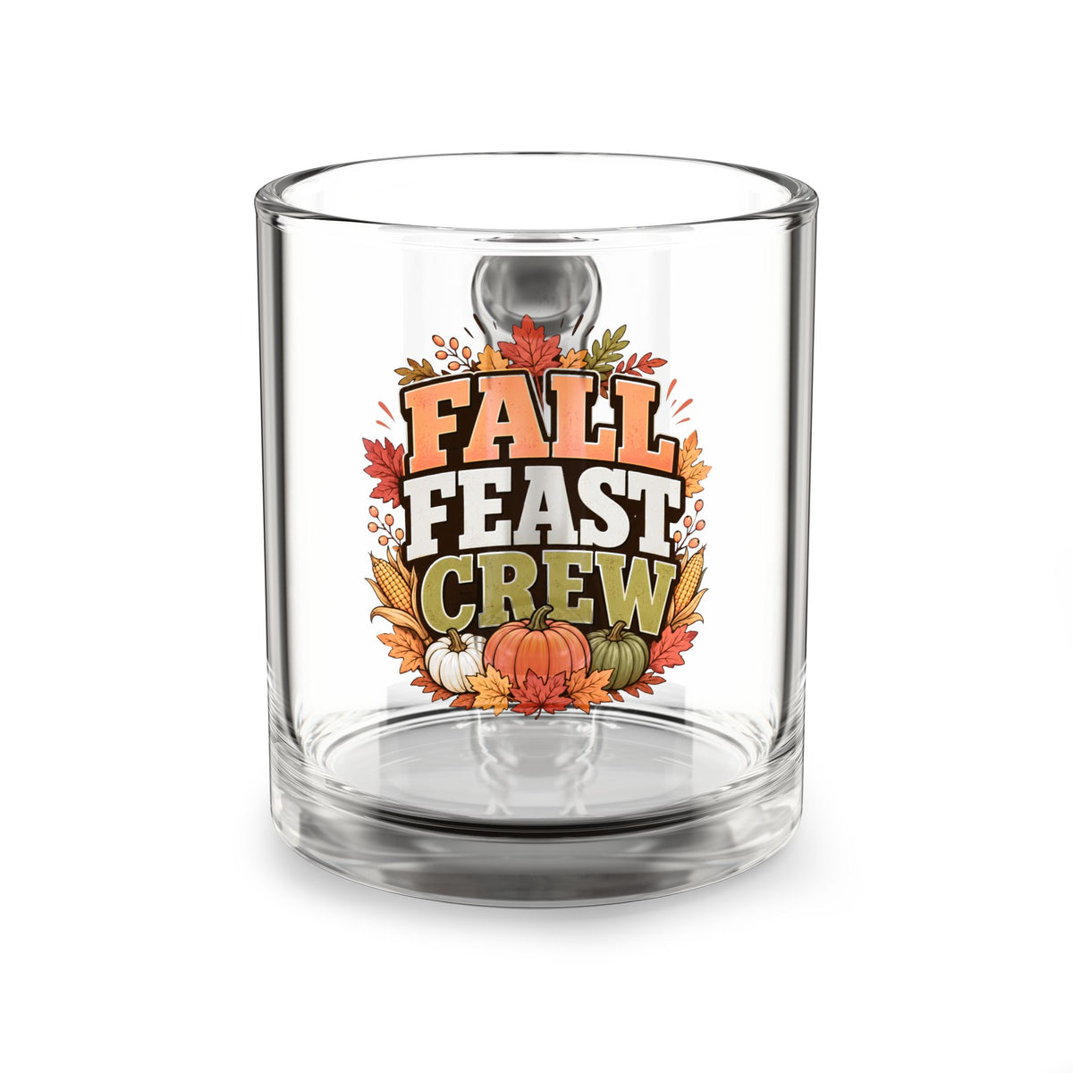 Glass Mug — "Fall Feast Crew" Thanksgiving Coffee Mug with Autumn Leaves & Pumpkins