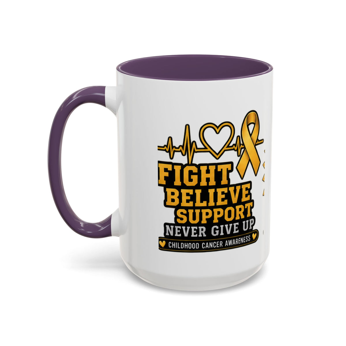 Childhood Cancer Awareness Accent Coffee Mug — "Fight Believe Support" 11/15oz