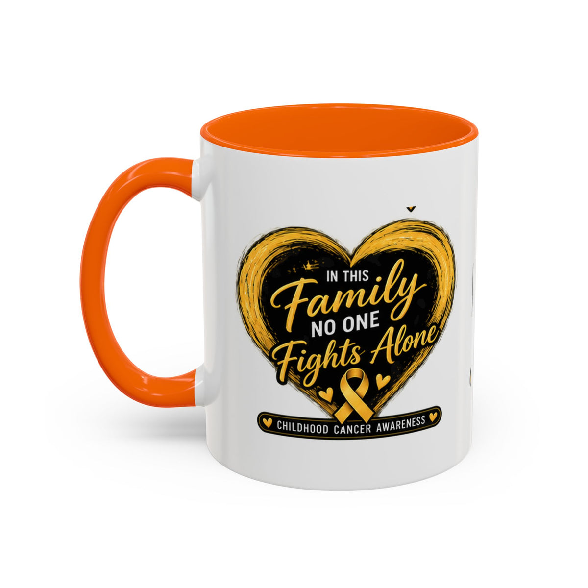 Childhood Cancer Awareness Accent Coffee Mug — "In This Family No One Fights Alone"