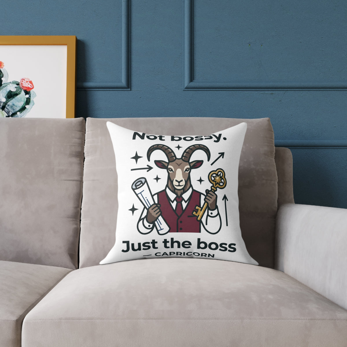 Capricorn Square Throw Pillow — “Not Bossy. Just the Boss” Goat Illustration