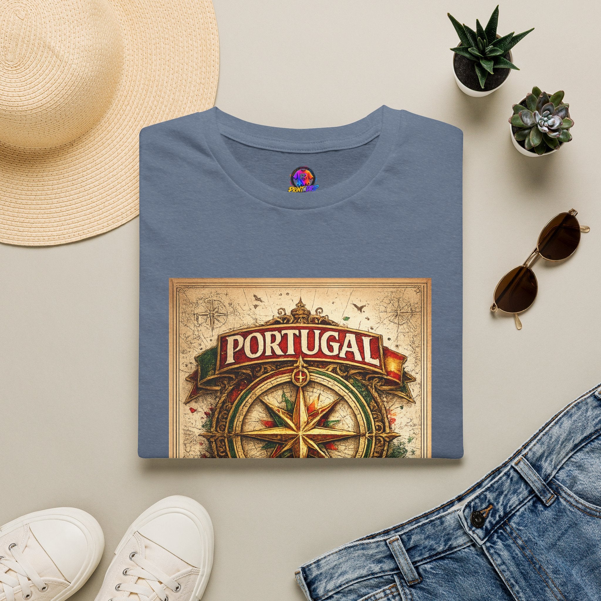 Portugal Compass T‑Shirt — Vintage Nautical Travel Tee