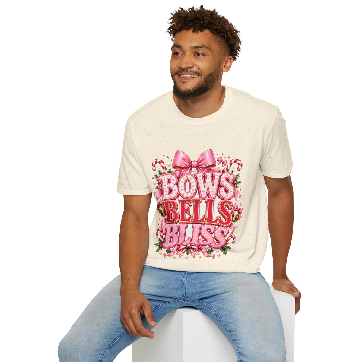 Bows Bells Bliss Christmas T‑Shirt — Pink Holiday Bow Graphic