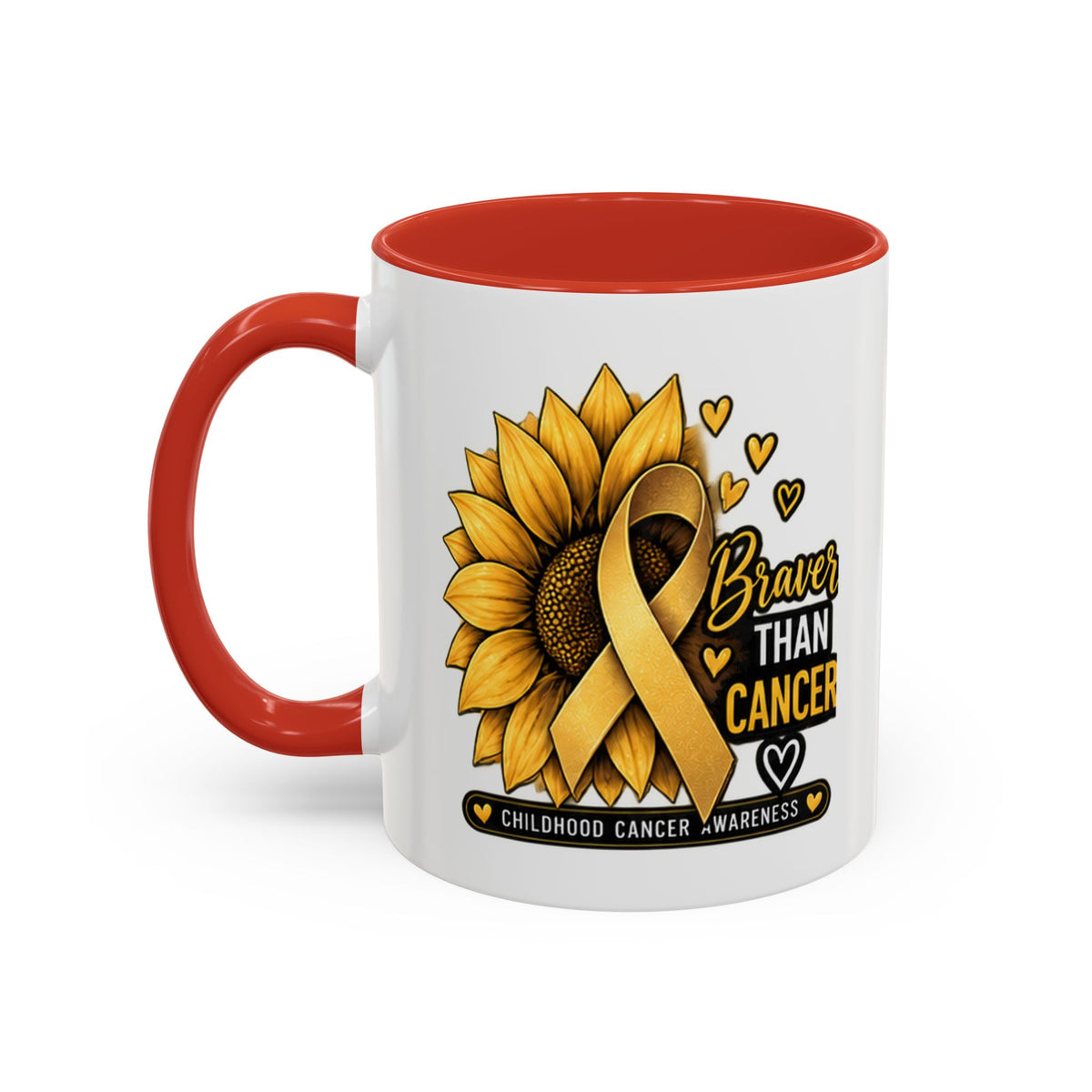 Childhood Cancer Awareness Mug — "Braver Than Cancer" Sunflower & Gold Ribbon