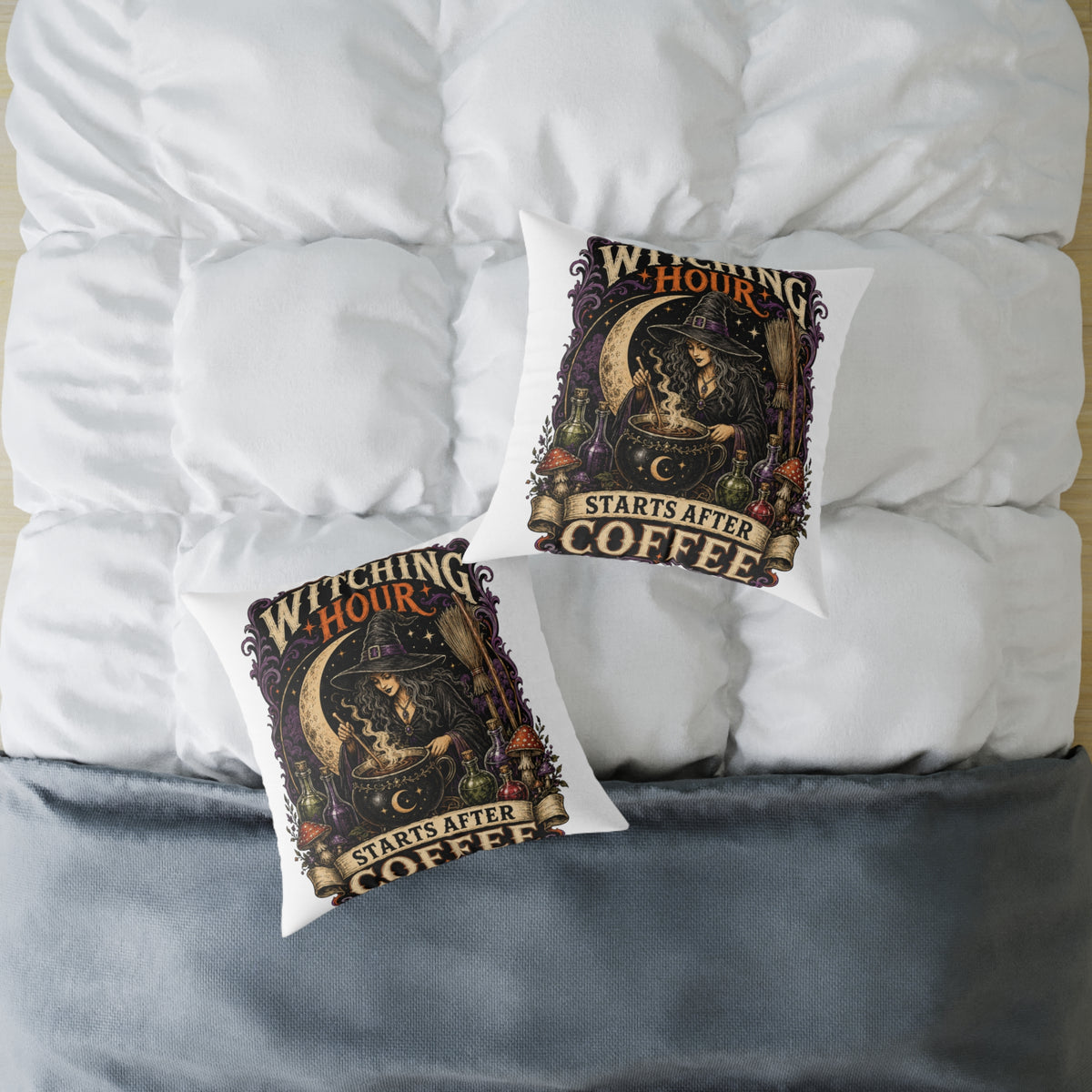 Halloween Witching Hour Pillow — 'Witching Hour Starts After Coffee' Gothic Witch Decorative Cushion