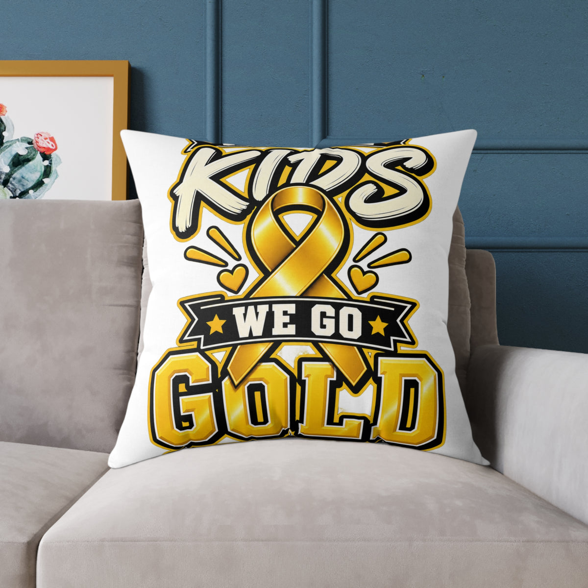 We Go Gold Kids Ribbon Square Throw Pillow — Childhood Cancer Awareness Decor