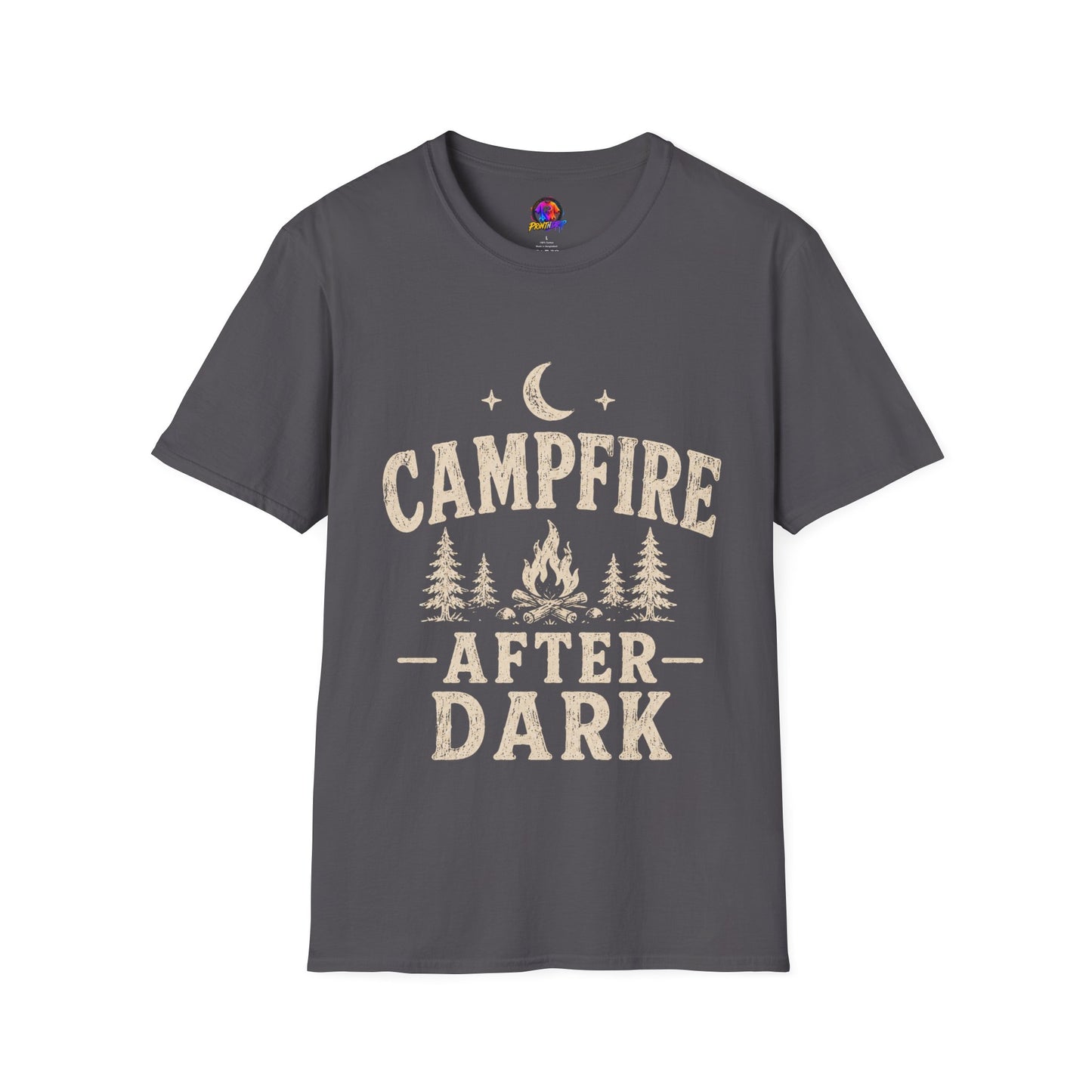 Campfire After Dark T-Shirt — Cozy Camping Moon & Trees Graphic