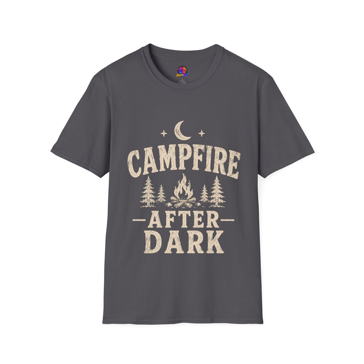 Campfire After Dark T-Shirt — Cozy Camping Moon & Trees Graphic