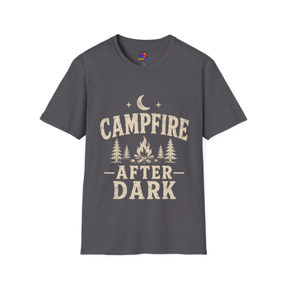 Campfire After Dark T-Shirt — Cozy Camping Moon & Trees Graphic