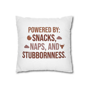 Taurus Throw Pillow — "Powered by: Snacks, Naps, and Stubbornness" Decorative Accent Pillow