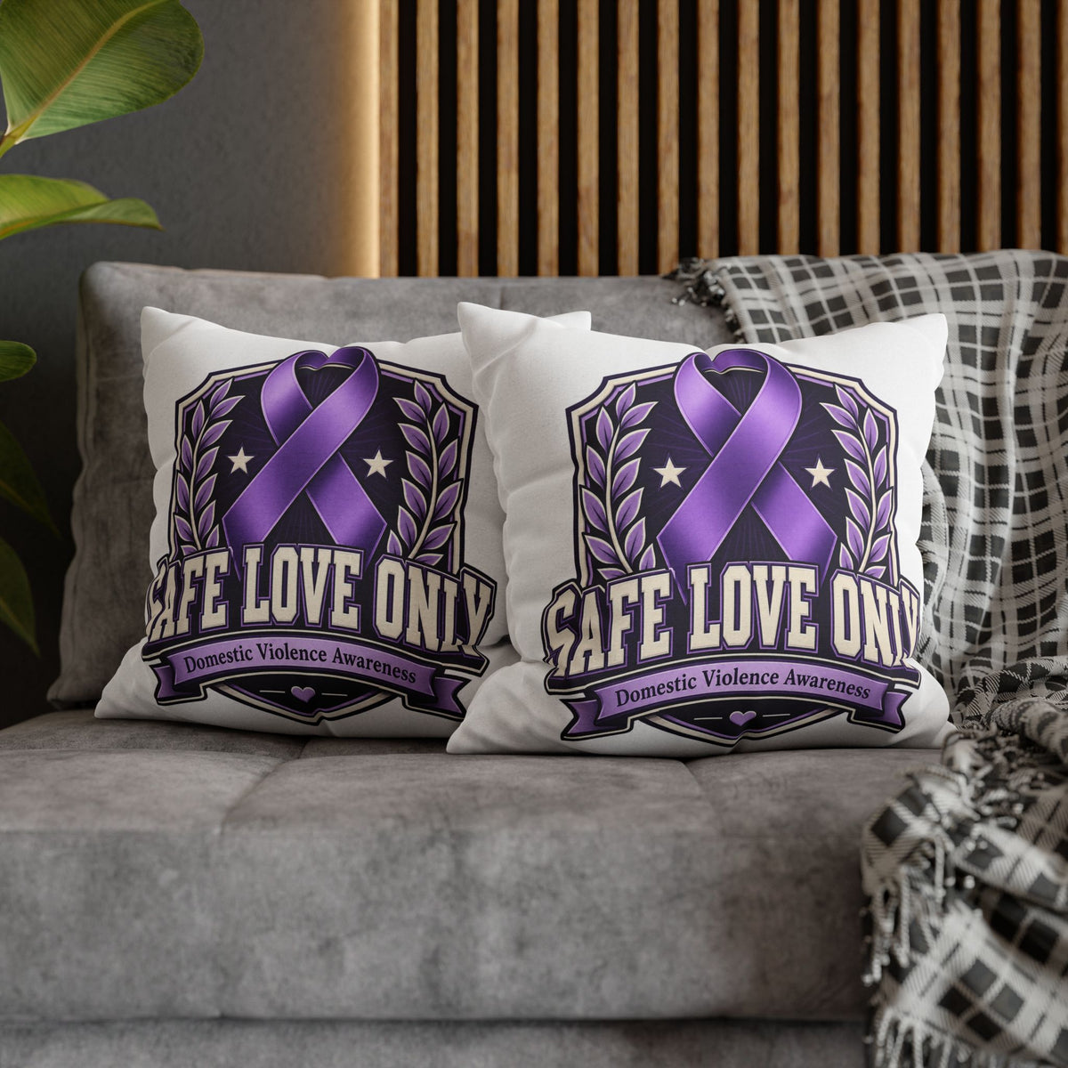 Domestic Violence Awareness Pillow — "Safe Love Only" Purple Ribbon Accent