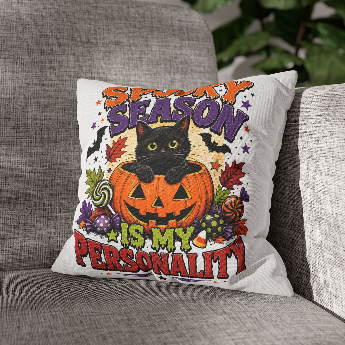 Halloween Pillowcase — "Spooky Season Is My Personality" Black Cat & Pumpkin Decorative Pillow Cover