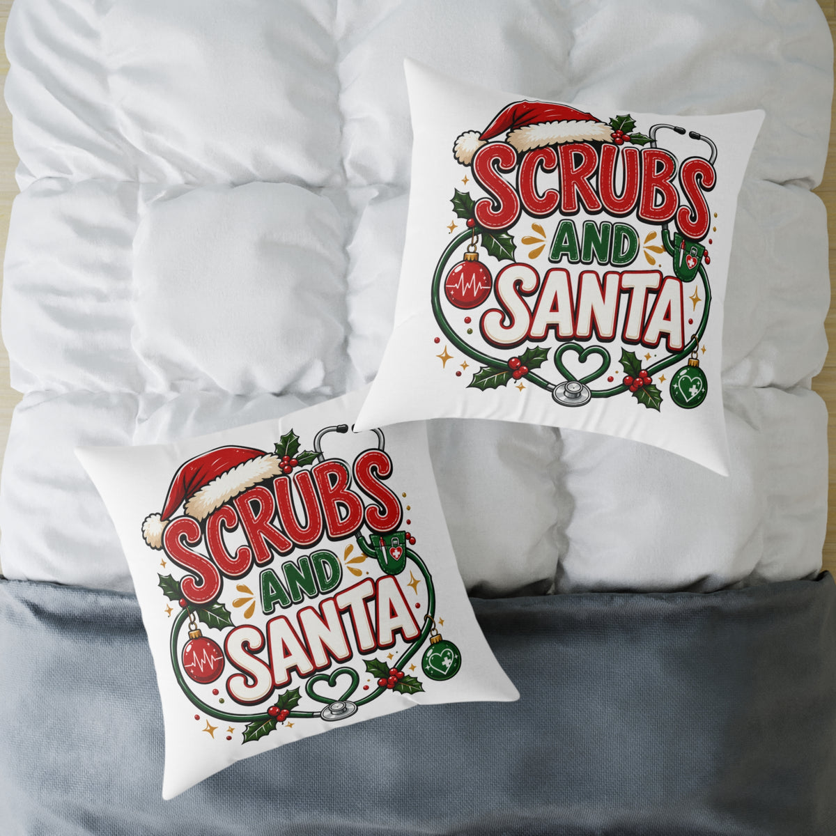 Christmas Square Pillow — Scrubs and Santa Christmas Cushion for Nurses