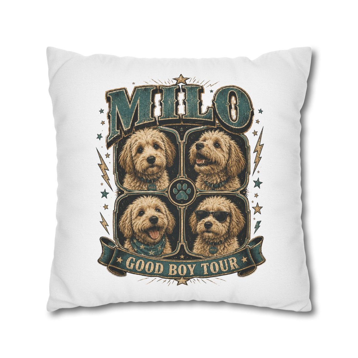 Milo "Good Boy Tour" Decorative Pillowcase — Dog Band Tour Poster Throw Pillowcase Milo Bailey Dog Dad Mom