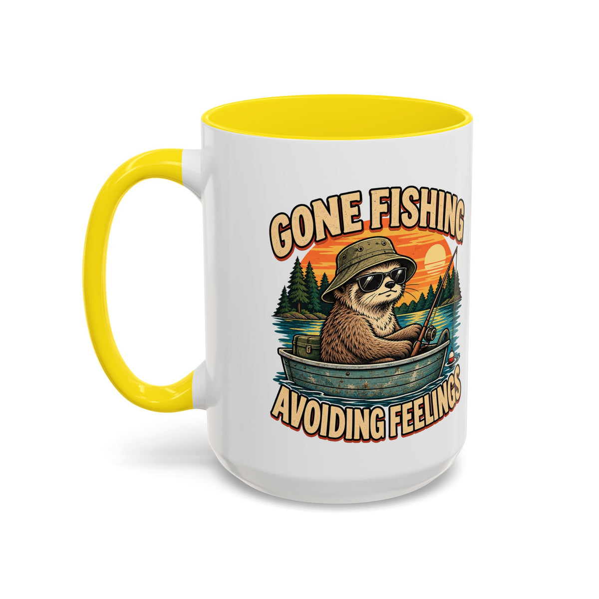 Funny And Witty "Gone Fishing Avoiding Feelings" Accent Coffee Mug (11, 15oz)